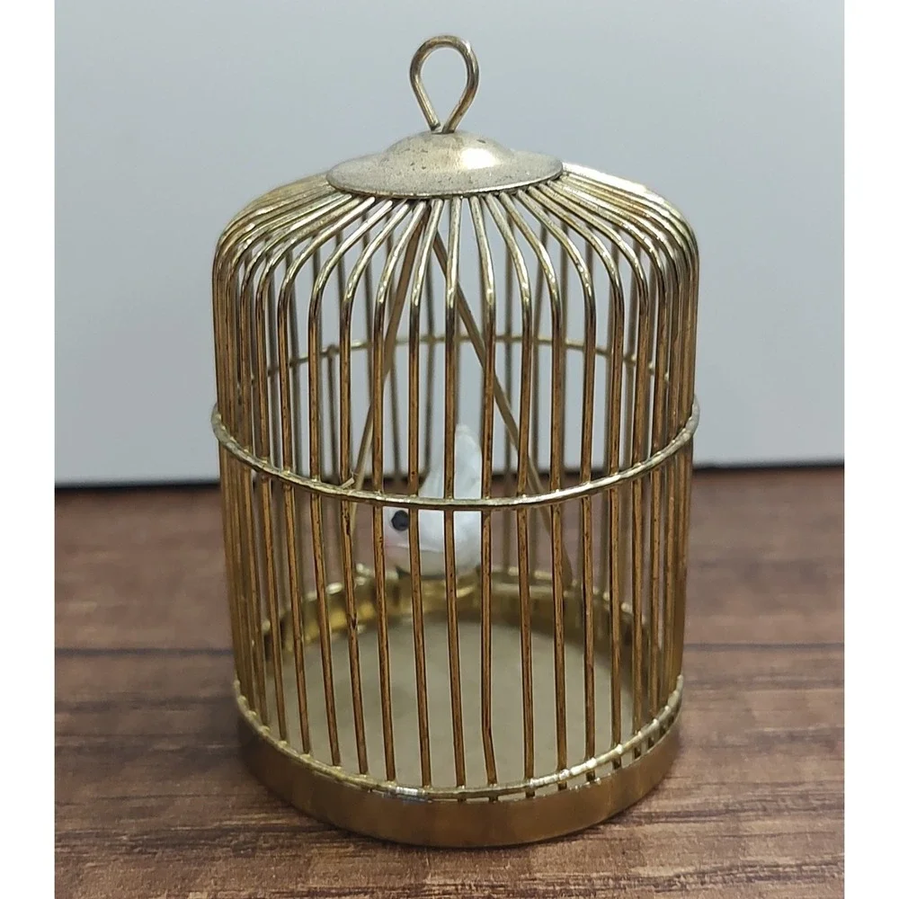 Vintage Brass Metal Doll house Bird Cage Bird Inside Miniature Diorama B14